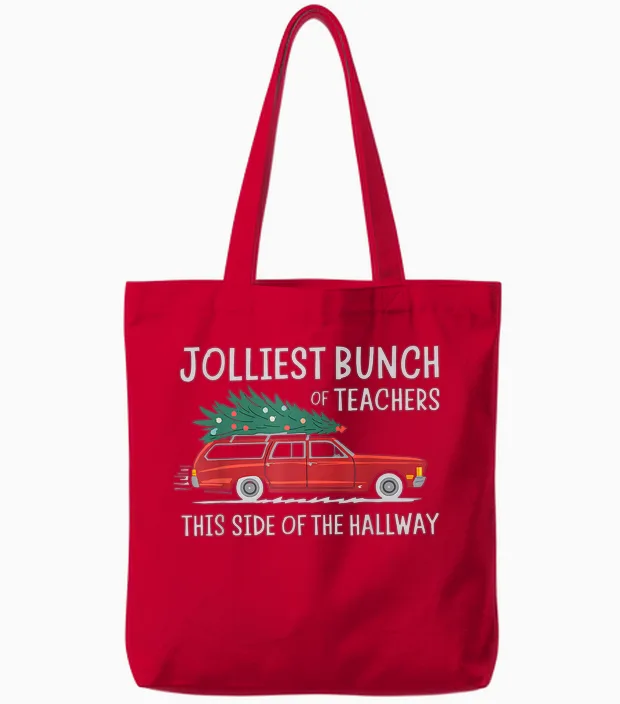 Jolliest Bunch of Teachers This Side of the Hallway Tote Bags in Red
