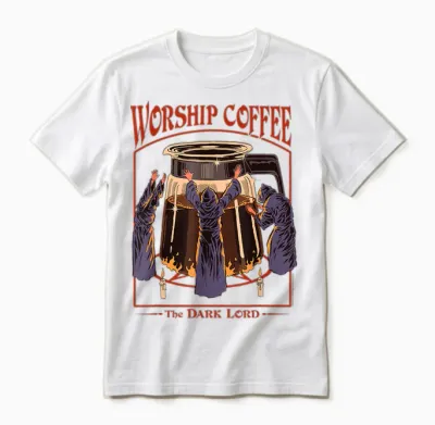 Worship Coffee Dark Lord Sarcastic Vintage Funny Adult Humour Unisex T-Shirt - White