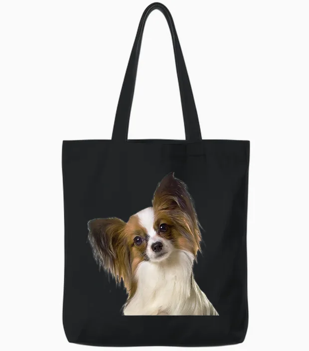 Chien Papillon Race Mignon Chien Papillon Tote Bags in Black