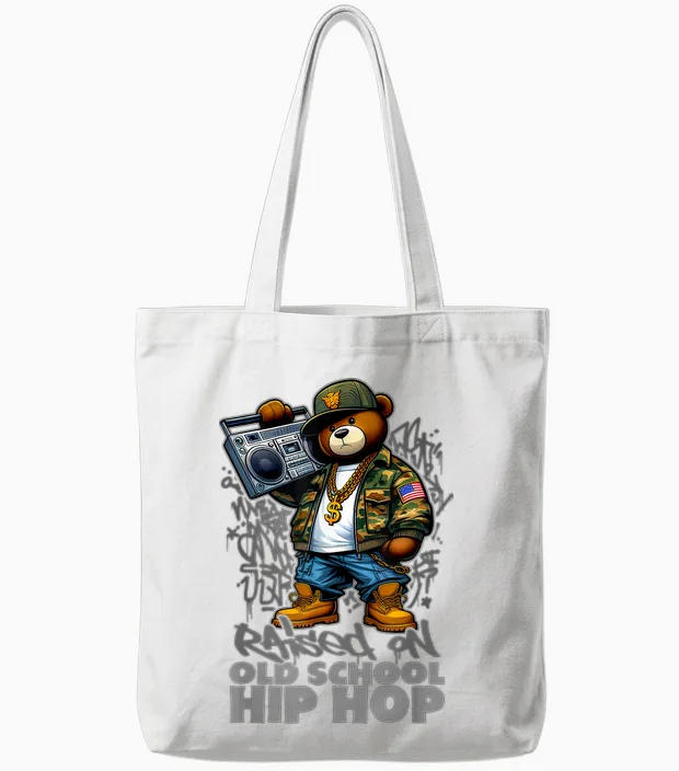 Raised on Old School Hip Hop Bear Rap 90s Hip Hop T-Shirt, Black, S Tote Bags in White