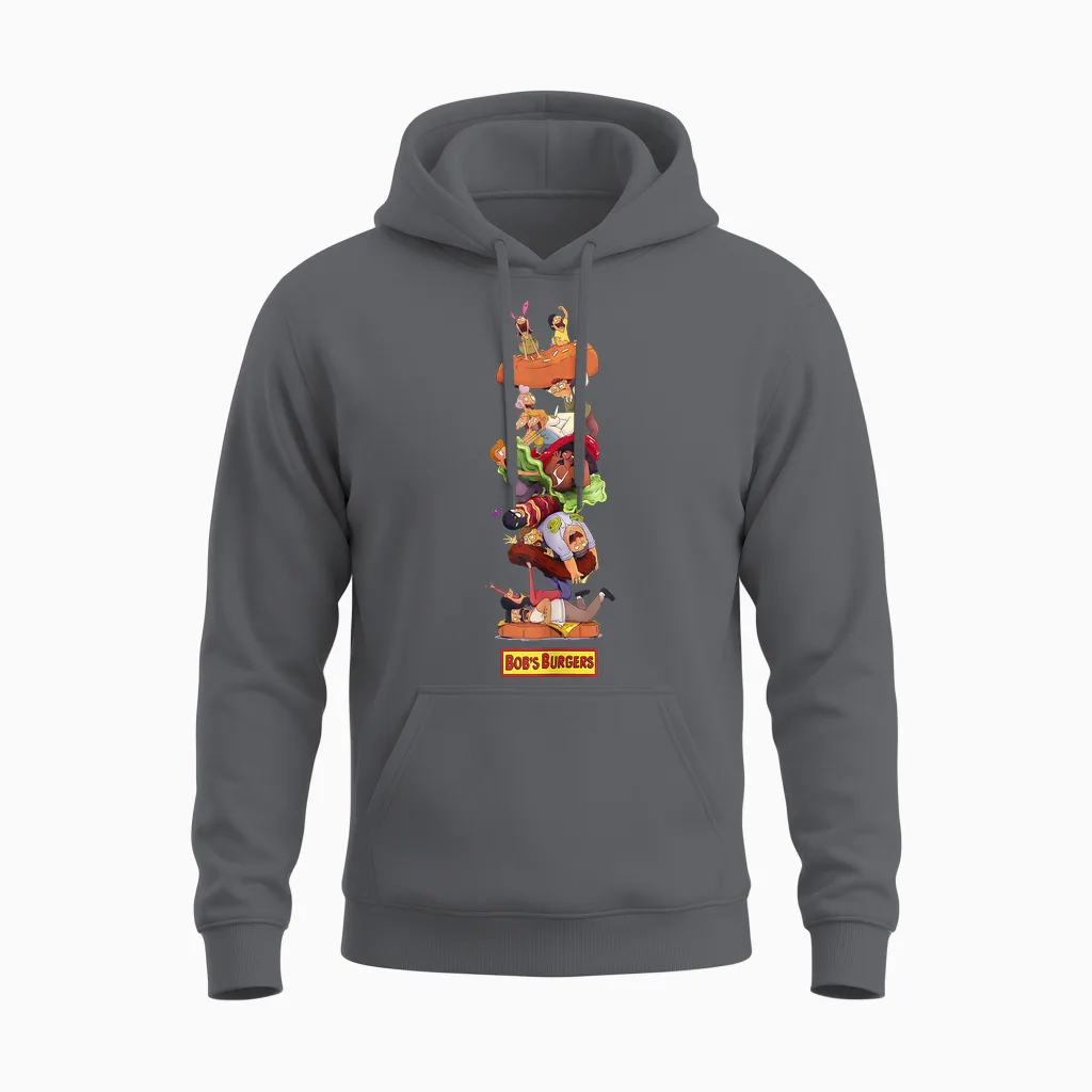 Bob's Burgers Group Shot Burger Stack Unisex Hoodie in Charcoal