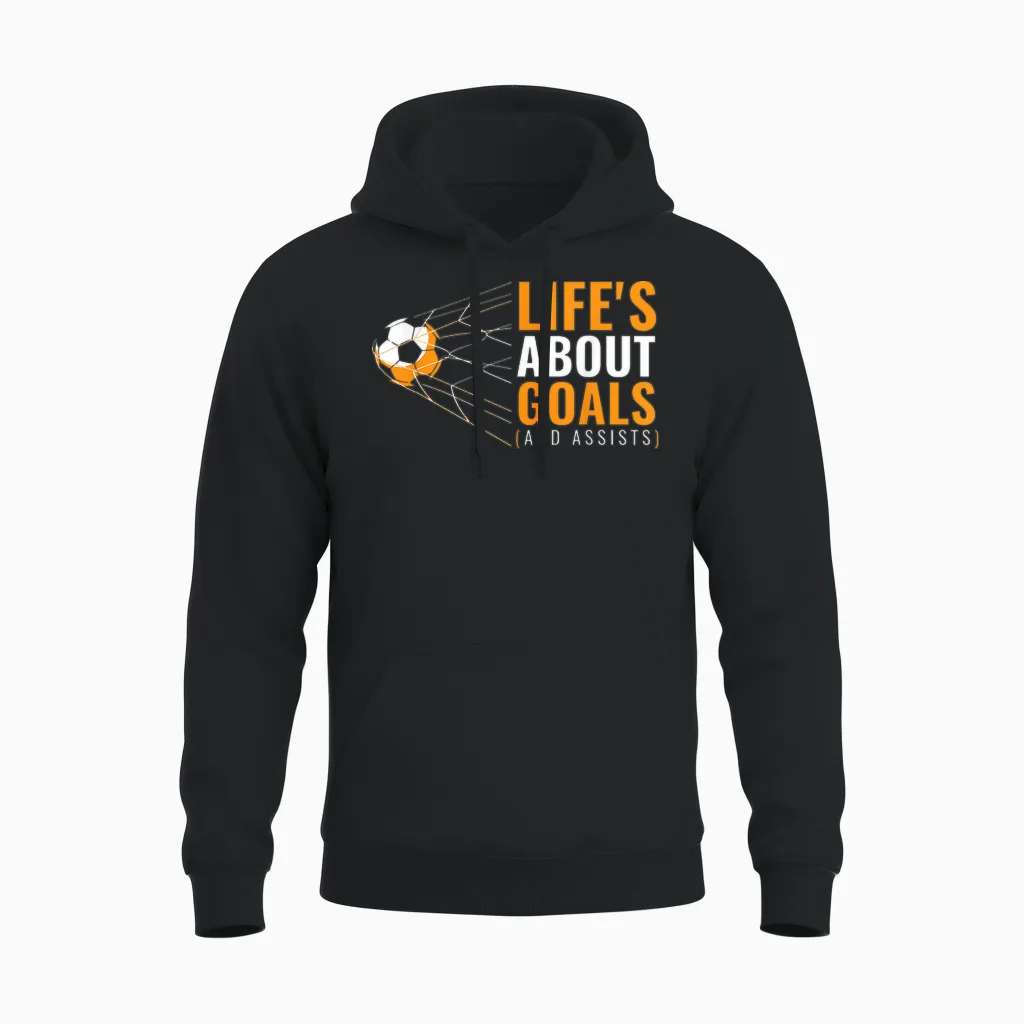 Life’s About Goals and Assists Funny Quote Youth Soccer Unisex Hoodie in Black