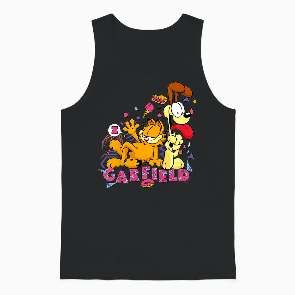Kids Garfield and Odie Snack Art Retro 90s Unisex Tank Top in Black