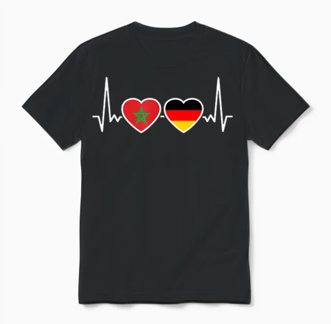 Marokko Deutschland Herzschlag Flagge Deutsch Marokkaner Unisex T-Shirt in Black