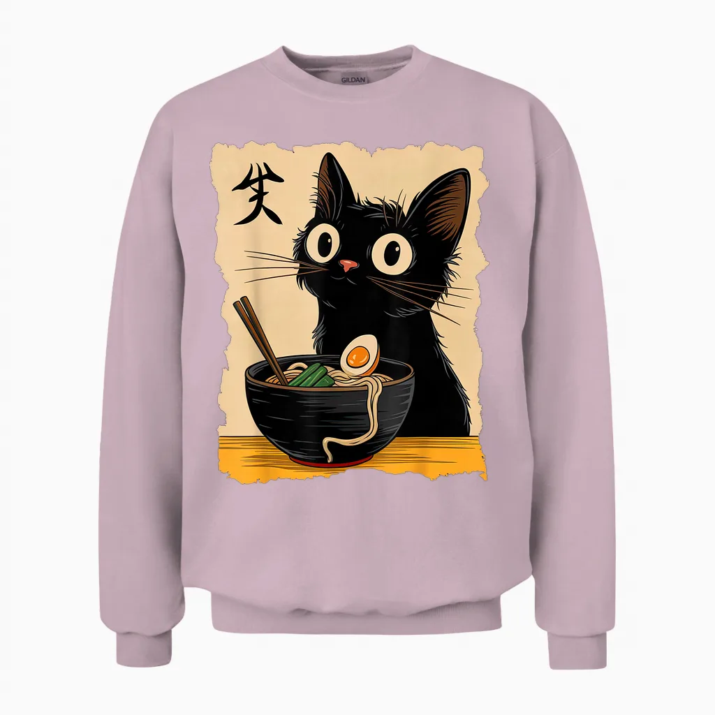 Black Cat Ramen Japanese Kawaii Anime Cat Ramen Unisex Sweatshirt in Light Pink