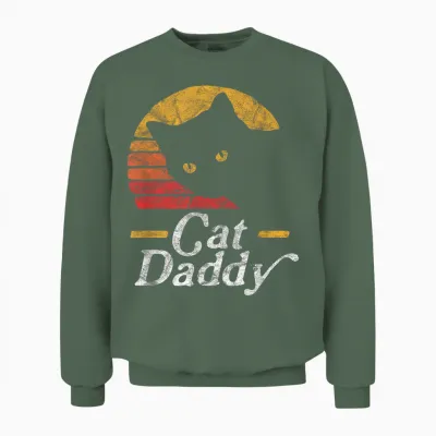 Cat Daddy Vintage Eighties Style Cat Retro Distressed Unisex Sweatshirt - Military Green