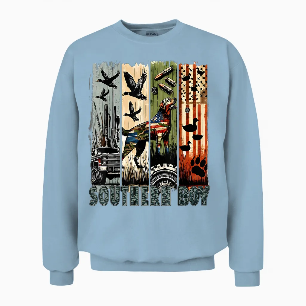 Southern Boy Camo Hunting Duck Dog Patriotic Usa Flag Boys Unisex Sweatshirt in Light Blue