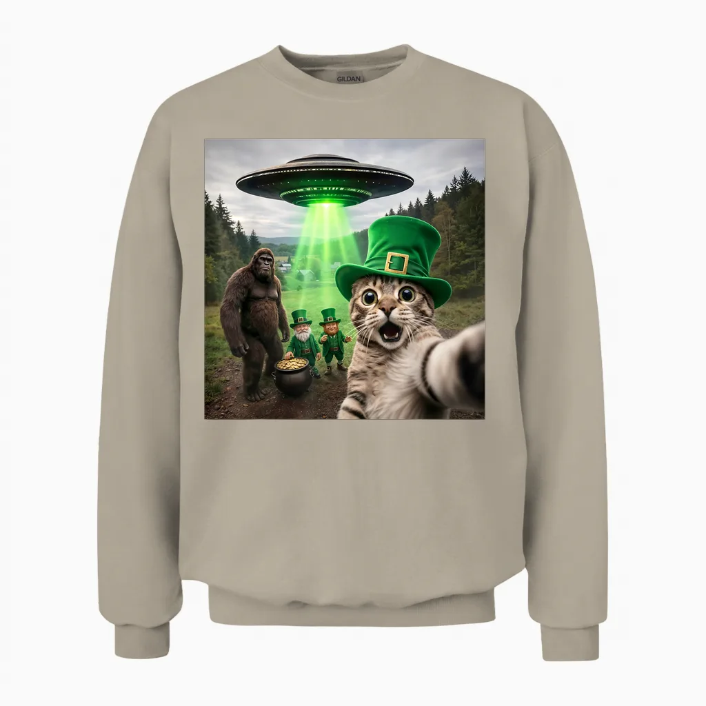 Funny St Patricks Day Cat Selfie with Leprechaun Bigfoot Ufo Unisex Sweatshirt in Sand