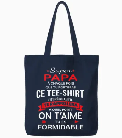 Super Papa on T'aime Birthday Gift Dad Father's Day T-Shirt, Black, S Tote Bags - Navy
