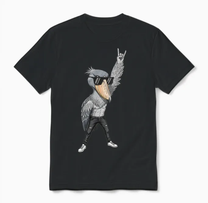 Cool Rocker Shoebill Cigogne Oiseau En Cuir Biker Tenue Unisex T-Shirt in Black