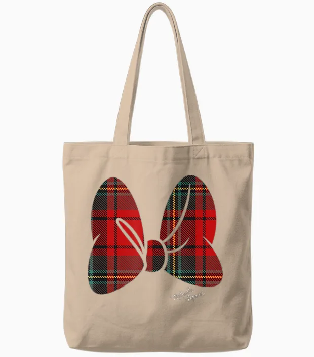 Disney Minnie Mouse Flannel Plaid Pattern Classic Bow Tote Bags in Natural