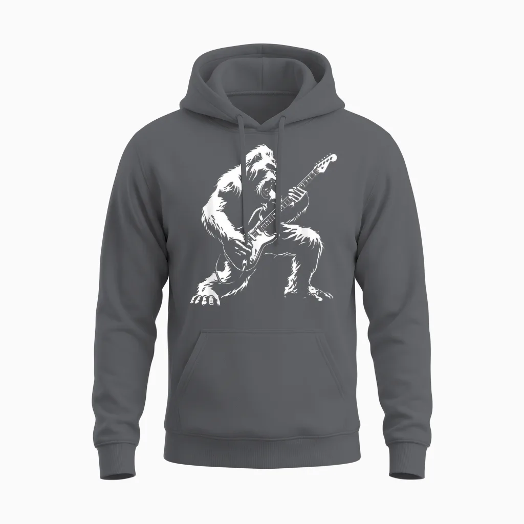 Bigfoot Playing Guitar Rock Music Band Sasquatch Unisex Hoodie in Charcoal