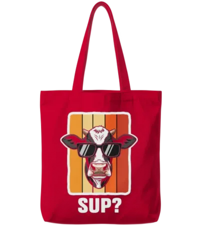 Cow in Shades on Retro Stripes Tote Bags - Red