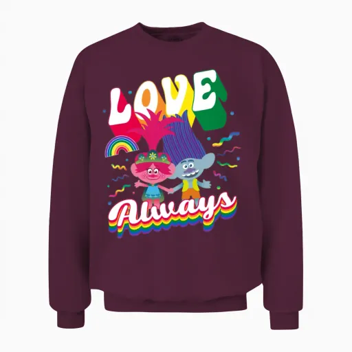 Trolls Love Always Rainbow Colours Unisex Sweatshirt in Maroon