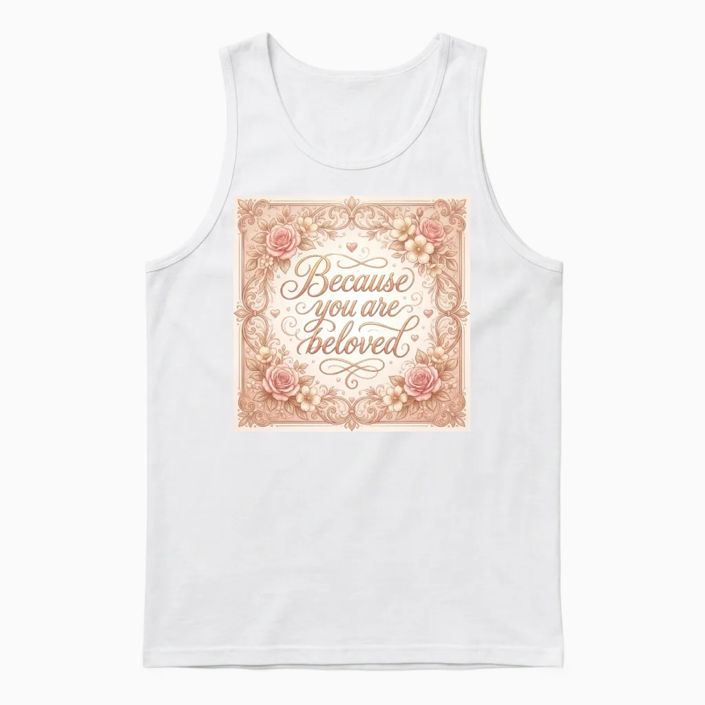 Because You Are Beloved Floral Frame Unisex Tank Top in White