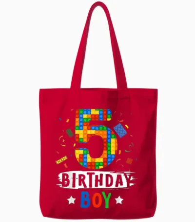 Birthday Boy Building Blocks 5 Years Old T-Shirt, Black Tote Bags - Red