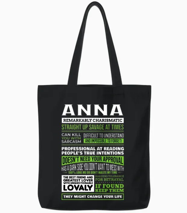 Anna Girl Name Definition Tote Bags in Black
