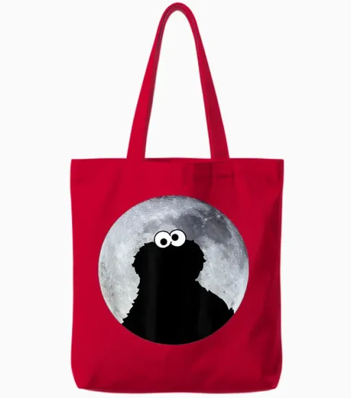 Sesame Street Cookie Monster in Moonlight Shadow Moonnight T-Shirt, Black Tote Bags - Red
