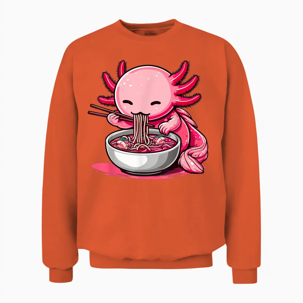 Funny Axolotl Noodle Gifts Anime Kawaii Axolotl Eating Ramen Noodles Unisex Kids Teen Adult T-Shirt Black Small Unisex Sweatshirt in Orange