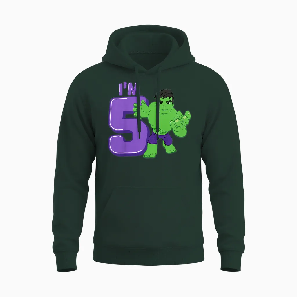 Kids Marvel Hulk Cute Hulk 5th Birthday I'm 5 Unisex Hoodie in Forest