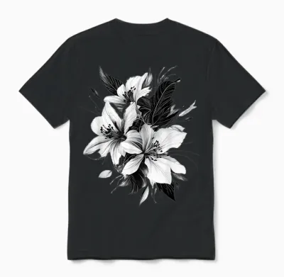 Botanical Art Flower Detailed T-Shirt, White, S Unisex T-Shirt - Black