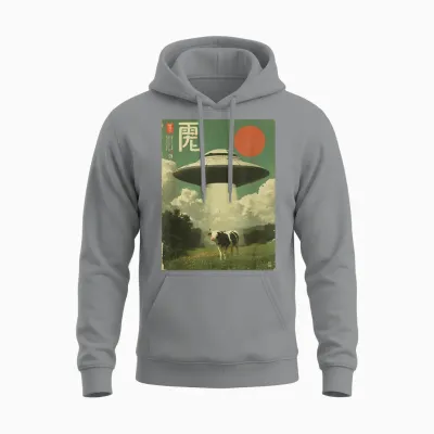 Lustiges Retro Vintage Japanische Kuh Entführung Alien Raumschiff Unisex Hoodie - Sport Grey
