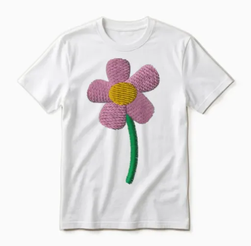 Pink Flower Embroidered - Floral & Botanical Unisex T-Shirt in White