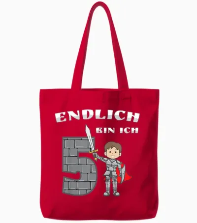 Children's Little Knight Boy 5th Birthday Finally 5 Years Knight's Castle T-Shirt, Blue Tote Bags - Red