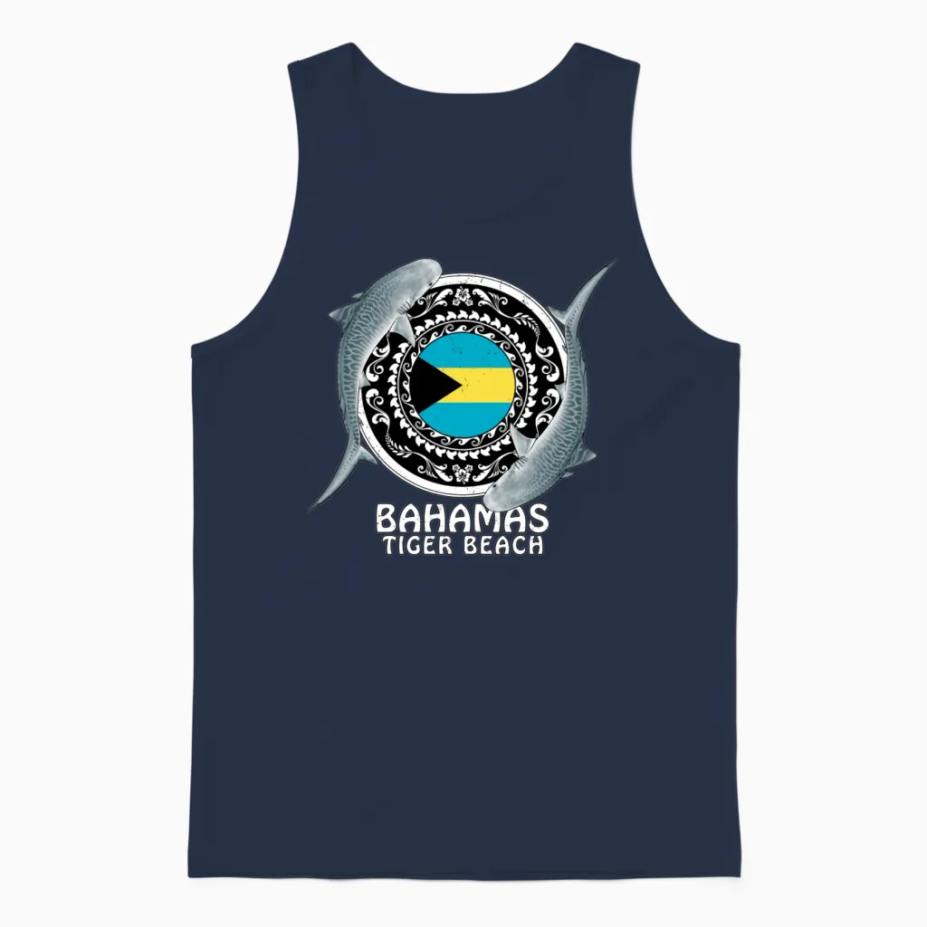 Tiger Beach Bahamas Flag Tiger Shark Bull Shark Unisex Tank Top in Navy