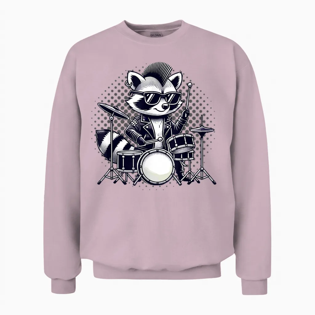 Drummer & Drums | Musician, Music | Boys, Funny Raccoon T-Shirt, Black, S Unisex Sweatshirt in Light Pink