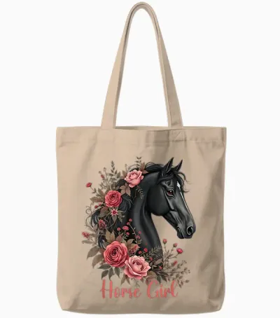Black Horse Rappe Cute Motif Girls Stable and Riding Tote Bags - Natural