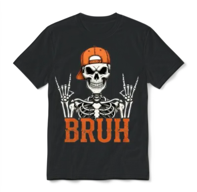 Bruh Skeleton Rock on Halloween Rocker Men Boys Unisex T-Shirt - Black