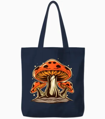 Mushrooms, Psychedelic, Retro, Hippie Tote Bags - Navy