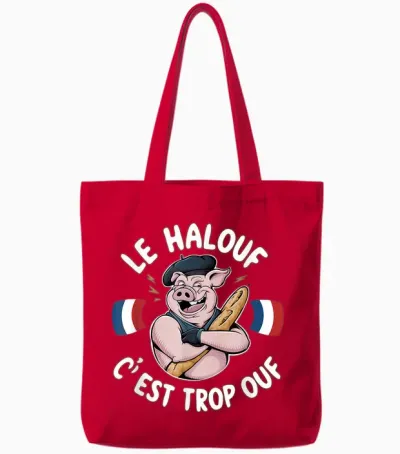 Halouf Trop Ouf Gift Humour Gift France Pig Butcher T-Shirt, Black, S Tote Bags - Red