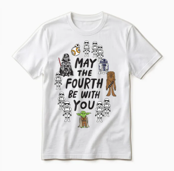 Amazon Essentials Boys' May the Fourth Be with You Doodle Characters T-Shirt, White, Small Unisex T-Shirt in White