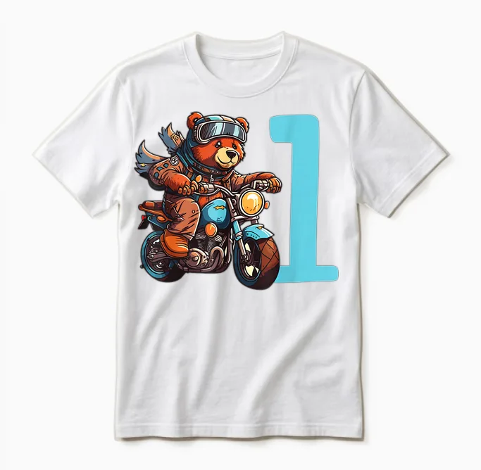 Kinder Geburtstag Bär Auf Motorrad 1 Jahr Junge Zahl Alter Unisex T-Shirt in White