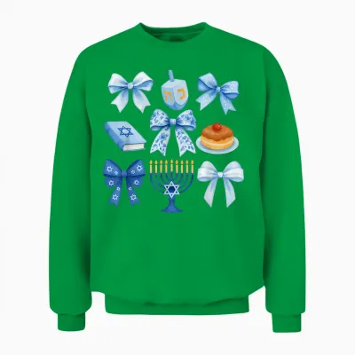 Girls Hanukkah Coquette Bow Dreidel Jewish Menorah Chanukah Unisex Sweatshirt - Irish Green