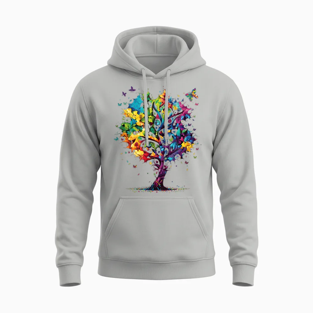 Awareness Autism Puzzle Pieces Colorful Tree Neurodiversity Unisex Hoodie in Ash