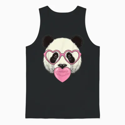 Cute Panda Blowing Pink Valentine Heart Bubble Gum Unisex Tank Top - Black