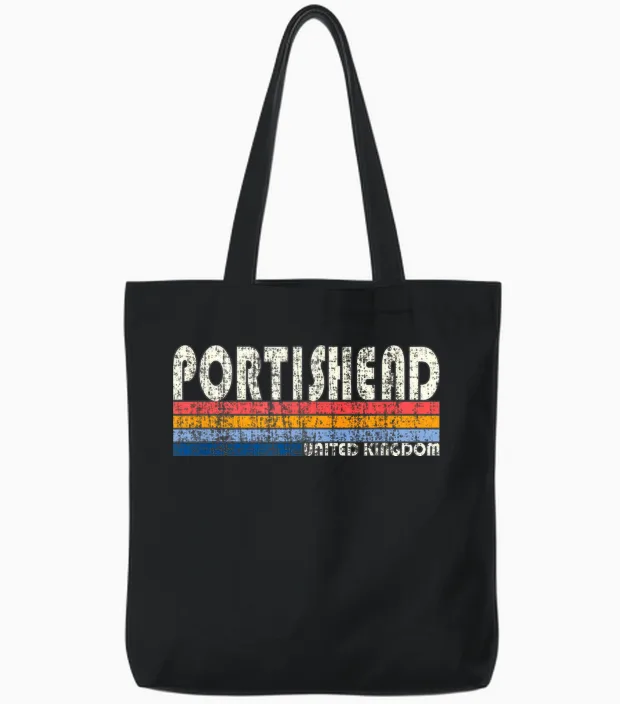 Retro Vintage 70er 80er Jahre Style Portishead, Großbritannien Tote Bags in Black