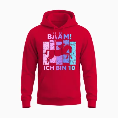 Children's 10th Birthday Girl Ten Years Old Horse Bäm! I Am 10 T-Shirt, Black Unisex Hoodie - Red