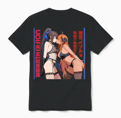 Sexy Anime Waifu Kissing Girls Horns, Japanese Manga Style T-Shirt, Black, S Unisex T-Shirt - Black