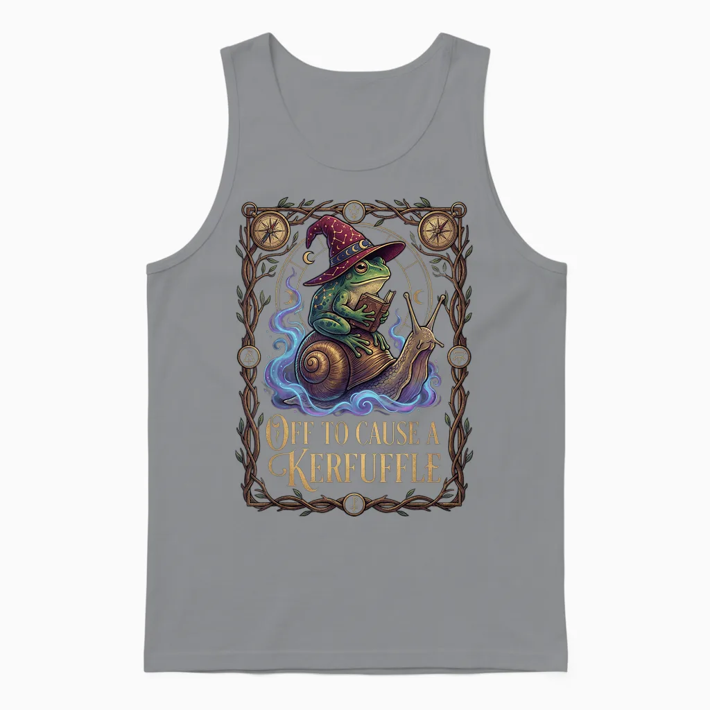 Off to Cause a Kerfuffle Witchy Frog Wizard Snail Meme Humor Unisex Tank Top in Sport Grey