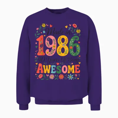 40 Year Old Made in 1986 Retro Floral 40th Birthday Women Unisex Sweatshirt - Purple