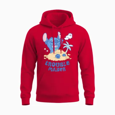 Disney Stitch Fluffy Summer Beach Sand Pile "trouble Maker" Unisex Hoodie - Red