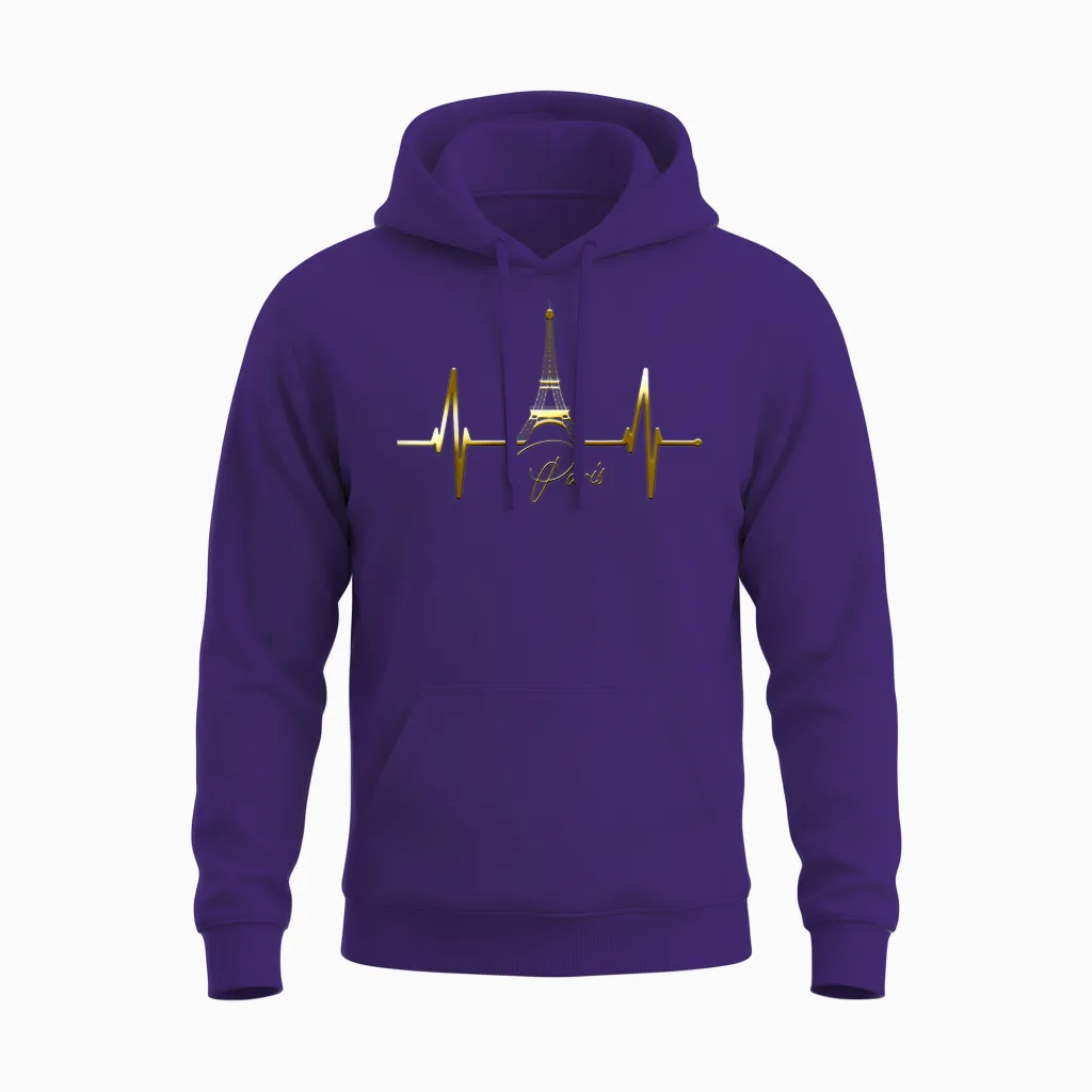 Paris Skyline Heartbeat I Love Eiffel Tower Love France T-Shirt, Black Unisex Hoodie in Purple