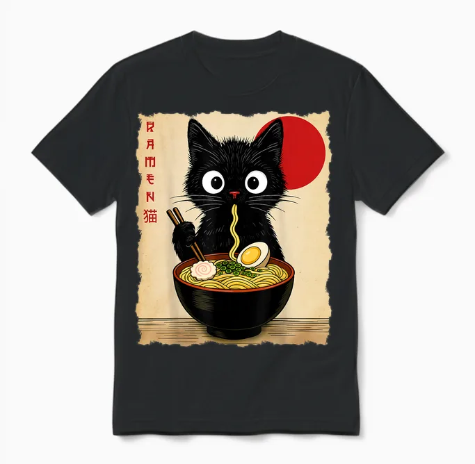 Anime Cat Ramen Japanese Funny Cat Graphic Tees Anime Gifts Unisex T-Shirt in Black
