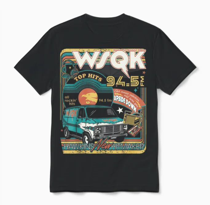 Stranger Things Season 5 Wsqk Hawkins New Hitmaker Retro Unisex T-Shirt in Black