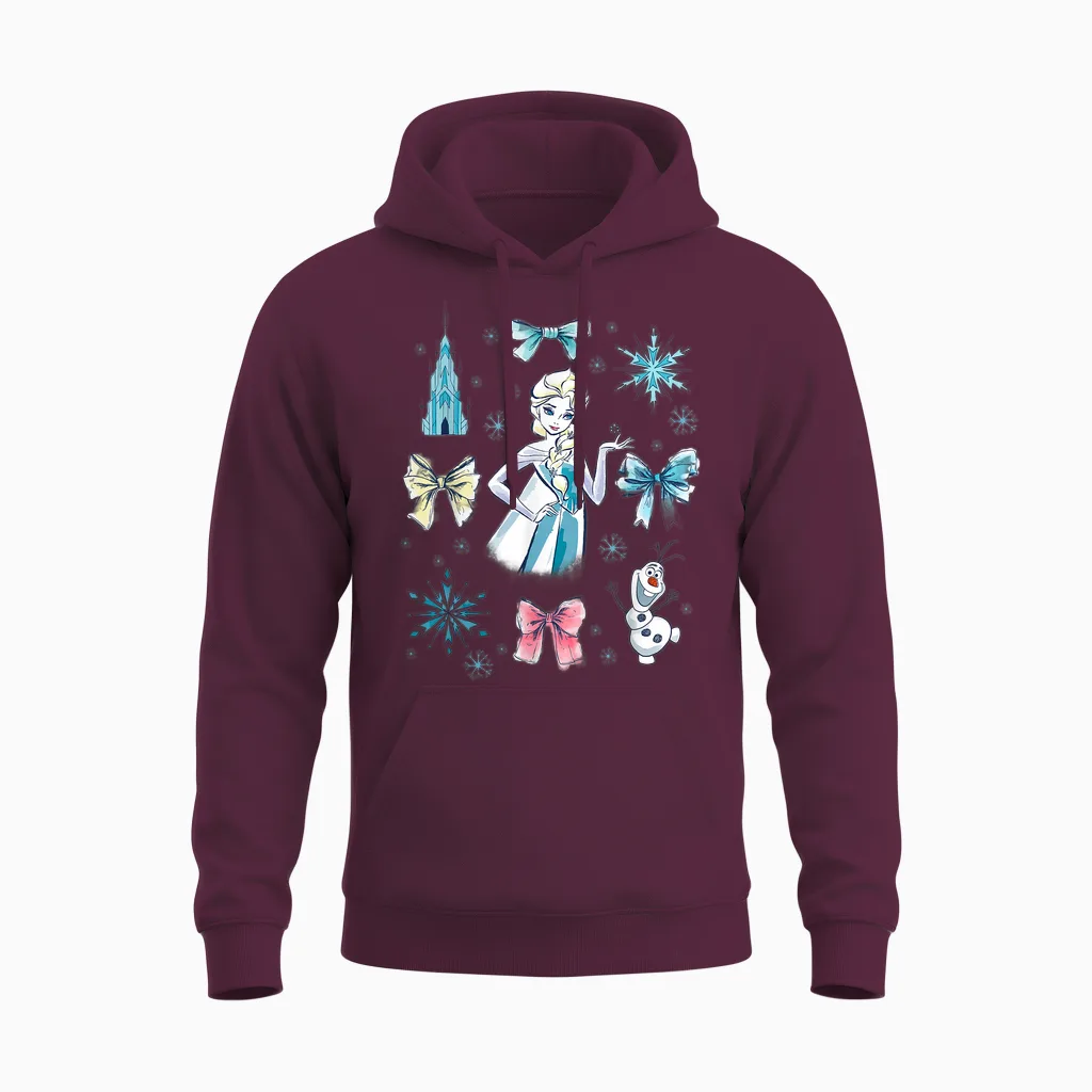 Disney Frozen Elsa Bow Watercolor Collage Unisex Hoodie in Maroon