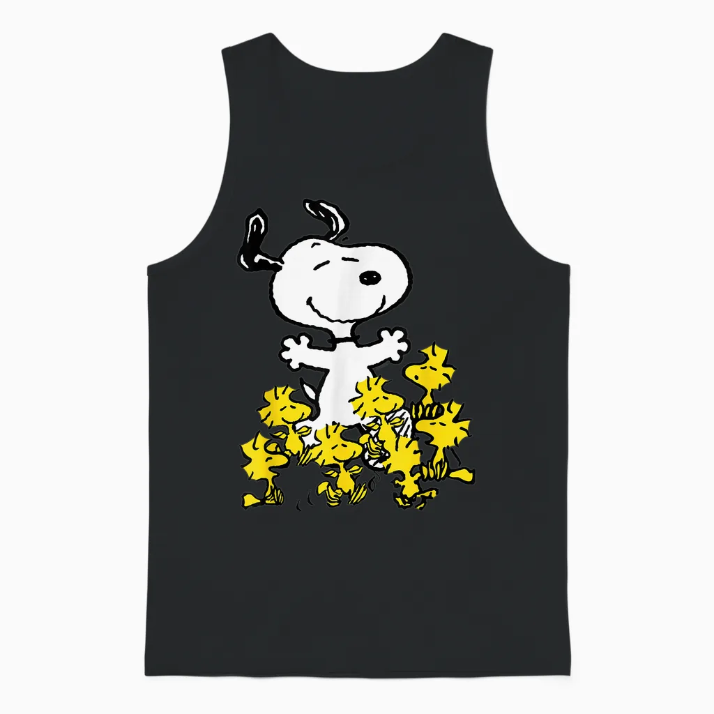 Peanuts Snoopy Chick Party Crew Neck T-Shirt - Classic Fit, Adult, Black Unisex Tank Top in Black